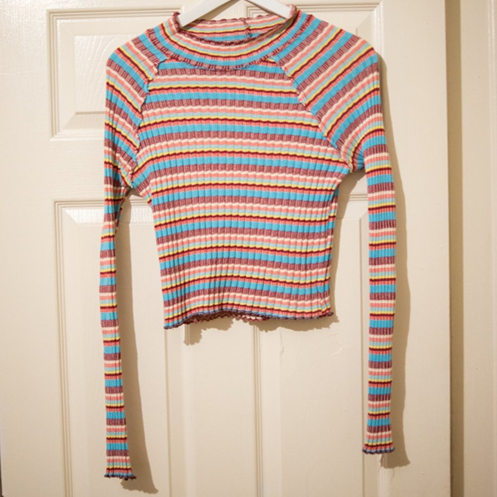 Free People Striped Candy-Colored crop top mock neck size small